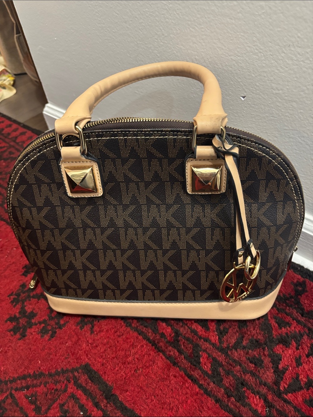 Michael Kors Brown & Cream Logo Satchel with Gold Accents